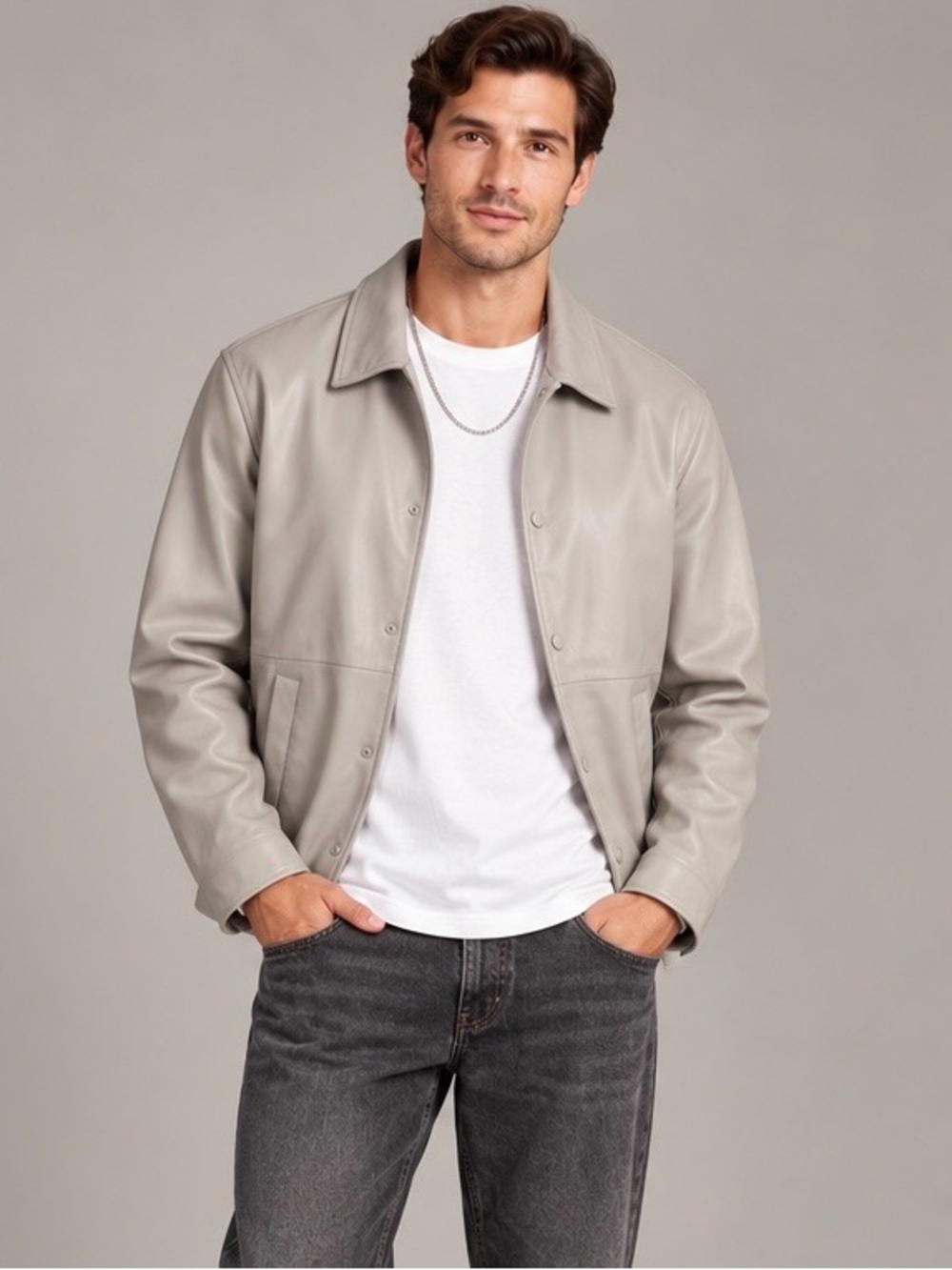 Zara Men’s Light Gray Faux Leather Snap Front Jacket Size L